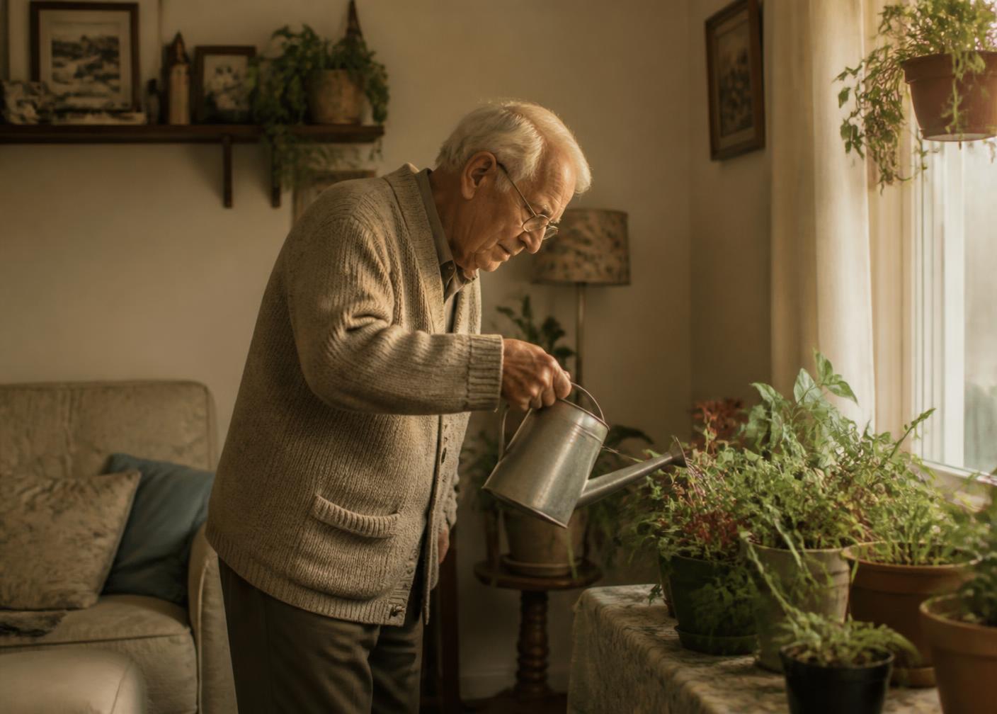 An older man tending to plants in his living room